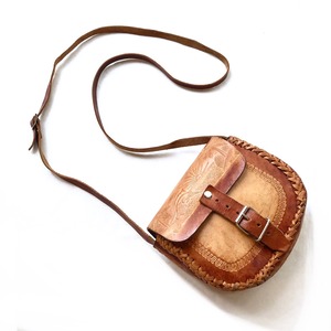 Vintage Hand Tooled Tan Leather  Mini Shoulder Bag / 型押しレザーショルダーバッグ