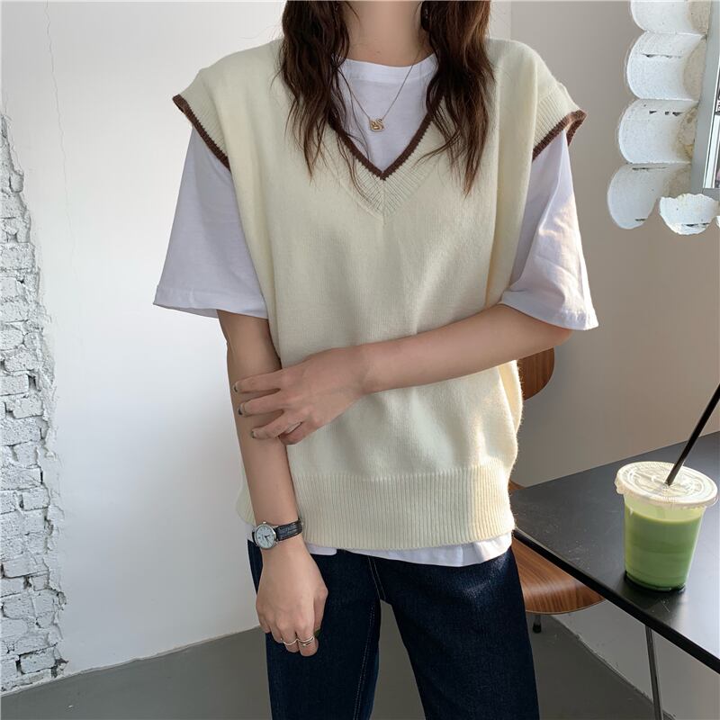 薄いベスト女性の秋2020新しいバージョンの緩いコントラストカラーのvネックプルオーバーニットセーター+白底Tシャツ クレセントシティ88800508548
