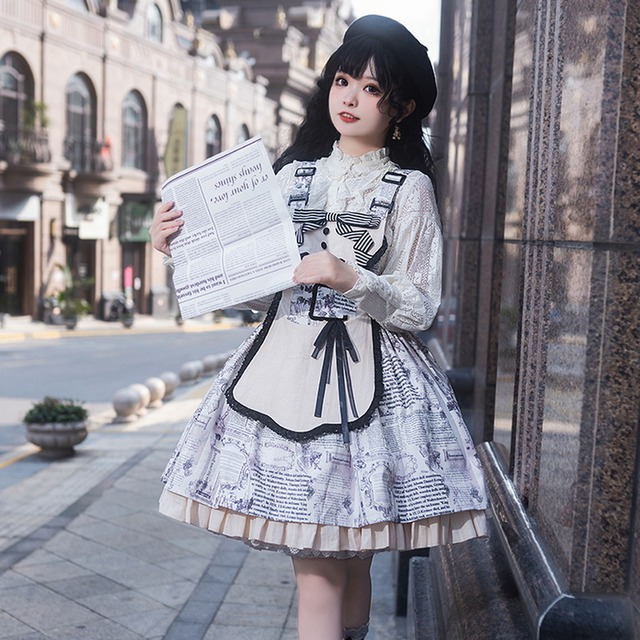 ゴスロリ通販 With U  甘ロリ レトロ ジャンパースカート  モノトーン リボン エプロン メイド風 コスプレ衣装 イベント衣装