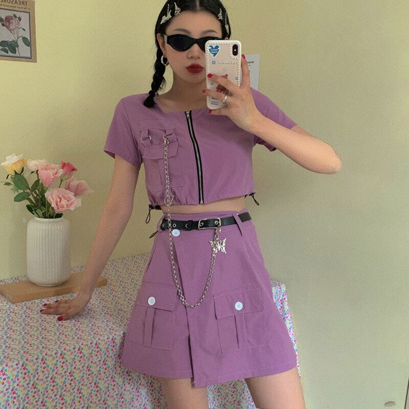 スカート サマーカラージッパーショートトップス 夏物 パープル スクウェア 萌量不足71912164981