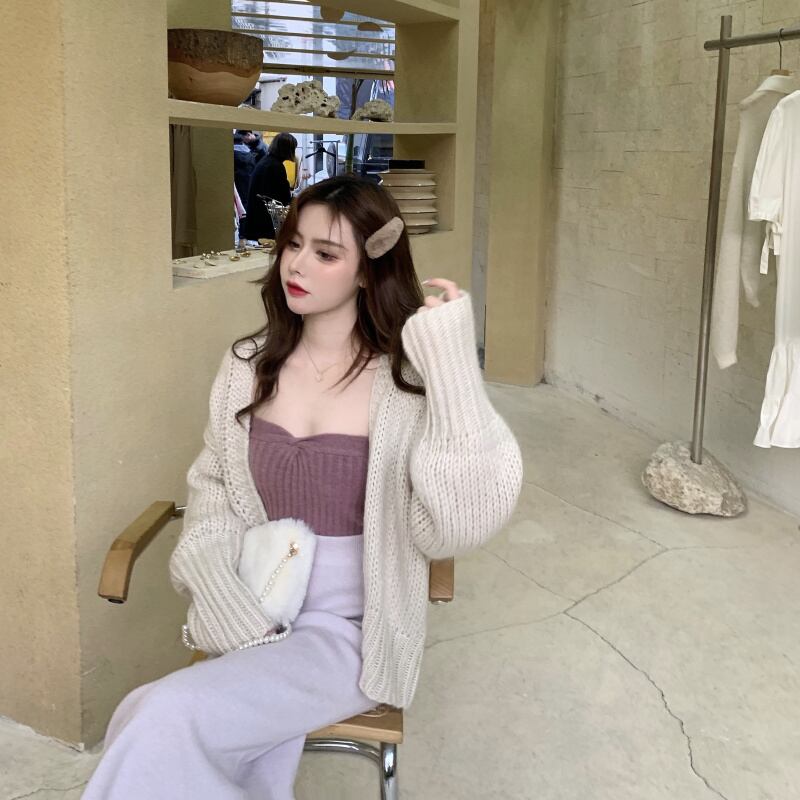 セーター ルーズスタイルトップス スプリングカーディガンジャケット ピンク 春物 ブラックストロベリース40583184486