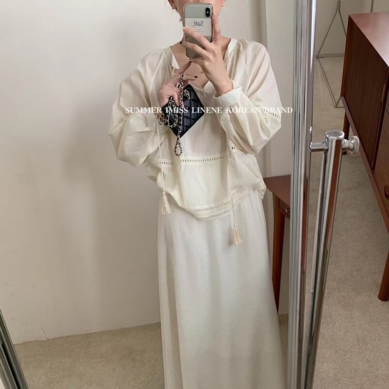 Flowerデザイン シャツ サマールーズ薄手Vネック ロング 夏物 フラワーデザイン ビッグFスモールZ韓国63296855883