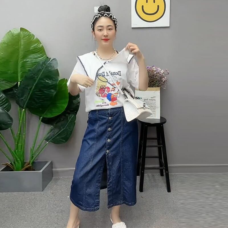 サマーネイビーカラーパターンTシャツ スカート ボタン 大きめサイズ 夏物 ミックスインファッション6953185101