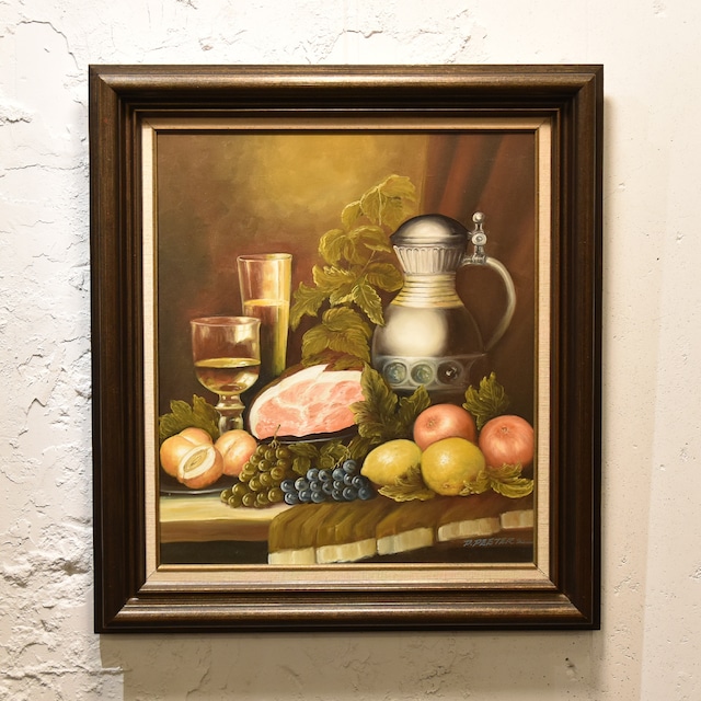 Oil Painting (Fruits,Meat,Wine) / 豊かな食卓の油絵 / 2112JD-008