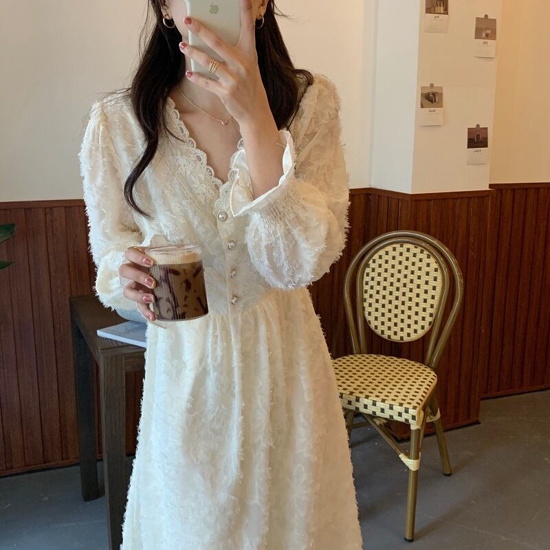 スタンダードレースVネックボタン長袖スリーブドレス スカート オータムウィンターレディース ロング レトロ 秋物 冬物 ビッグFスモールZ韓国51281215622