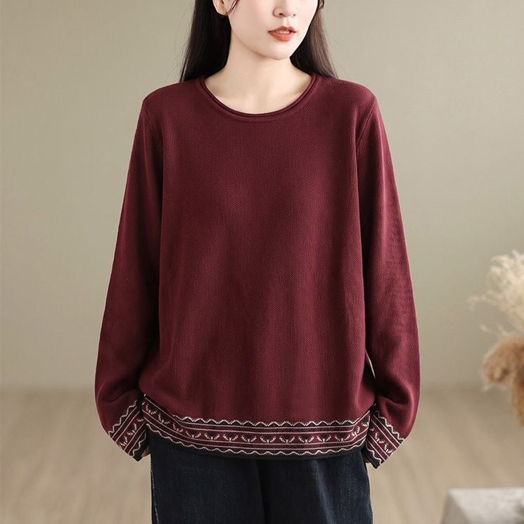 CONTRAST PANEL LONG SLEEVE CREW NECK KNIT TOP M-18277