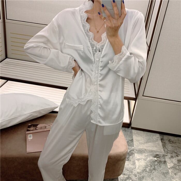 白い長袖パジャマ女性の2020年の新しい春と秋のレーススーツの家庭服セクシーなネットの外で着用することができます赤いスタイル 1号婦人4907918522