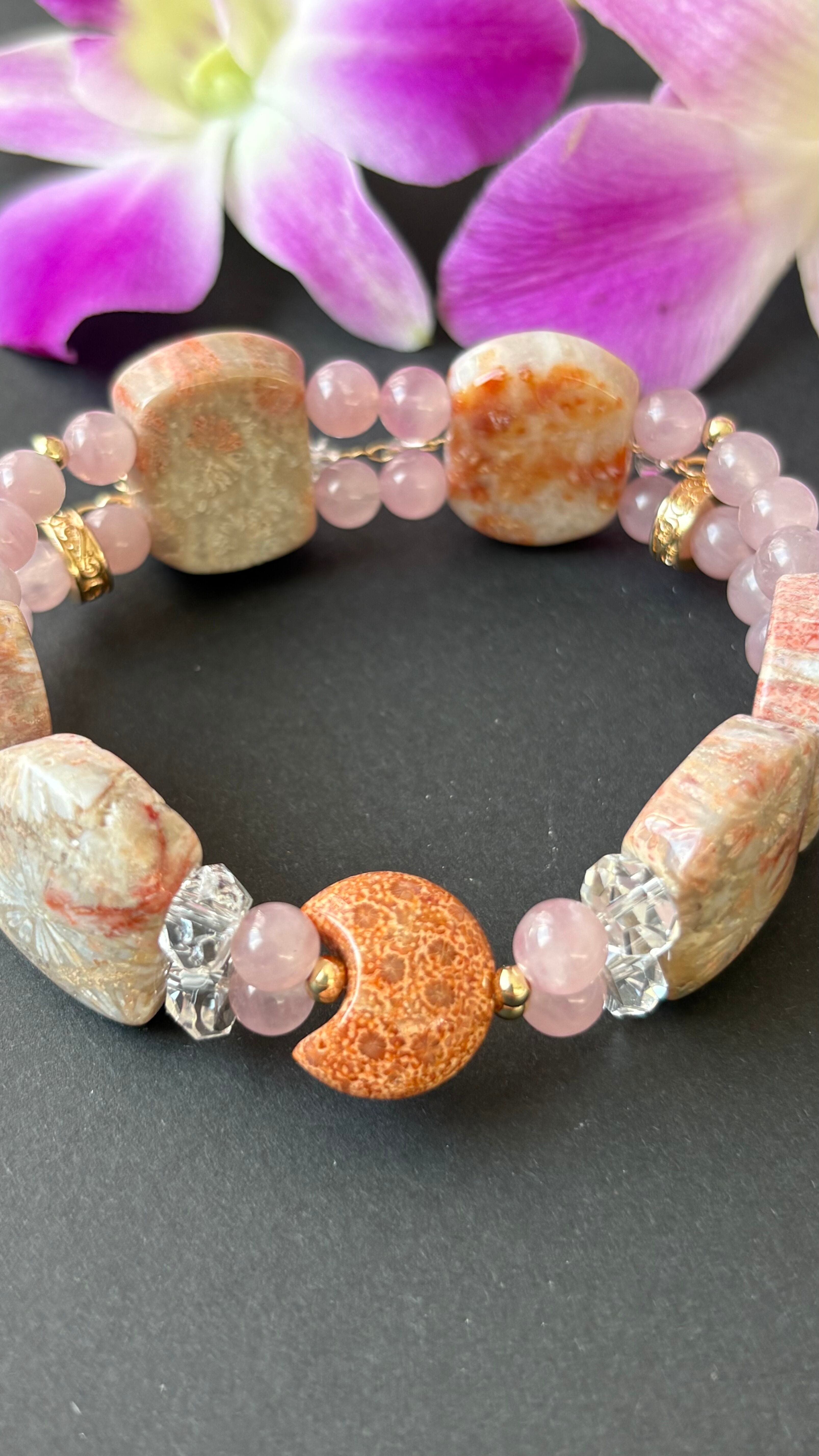 Fossil Coral & Lilac Quartz / フォッシルコーラル&ライラッククォーツ デザインブレスレット(内径約17cm)