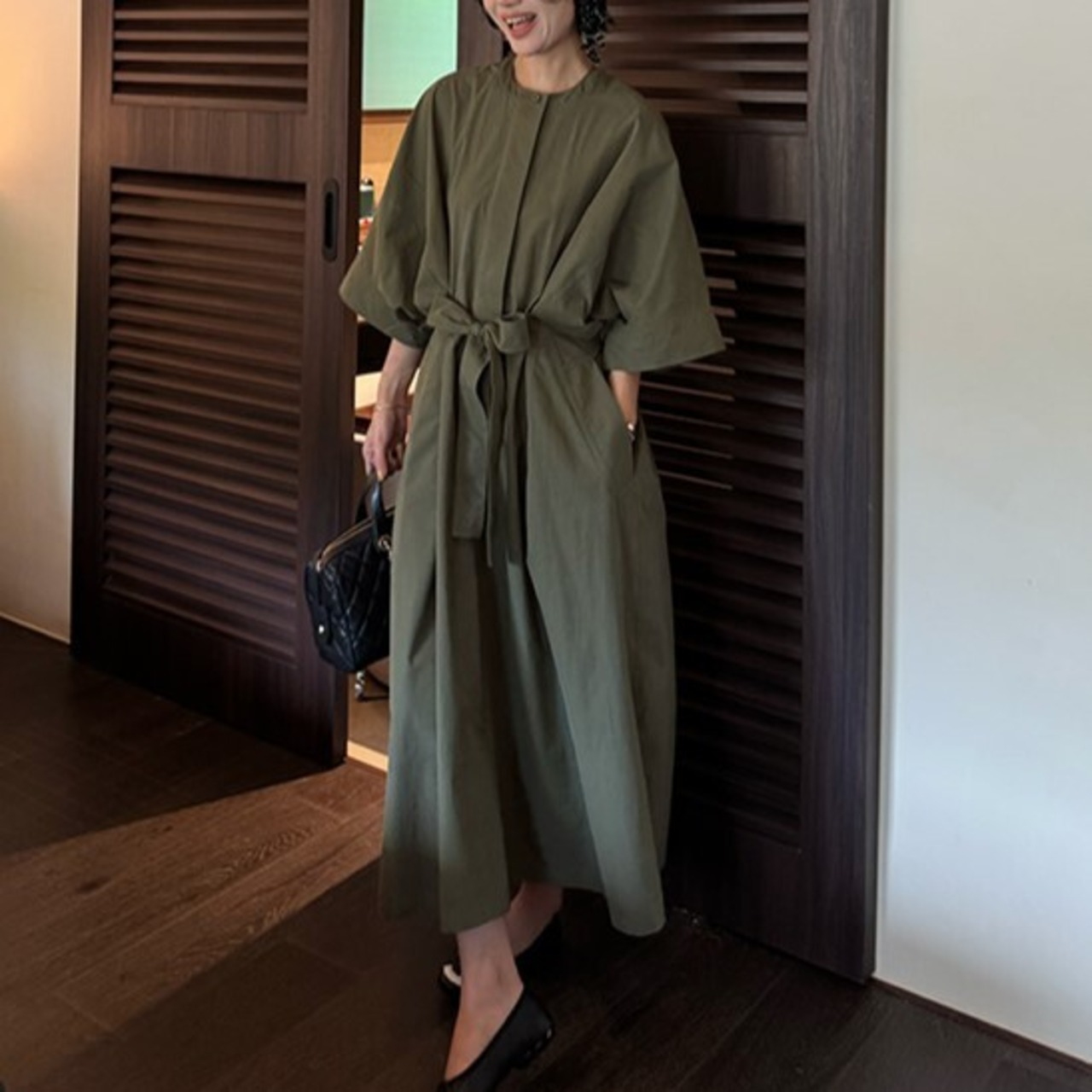 リボンベルト付きグリーンAラインワンピース W01352