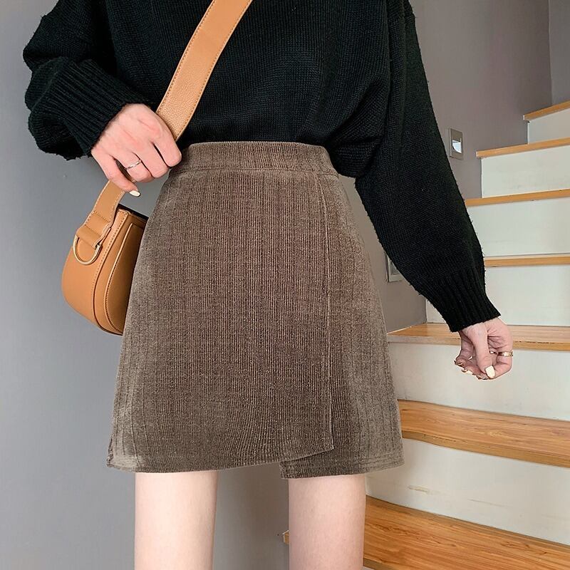 オータムウィンタースタンダードショートスカート ブラック薄手ハイウェストAライン レトロ 秋物 冬物 YY-ファッション58188932244