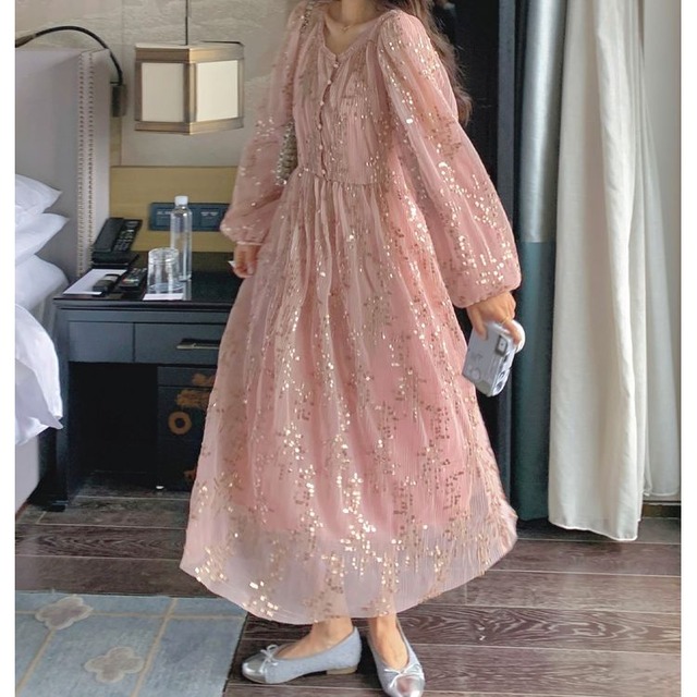 スパンコール ランタン スリーブ ワンピース 24274