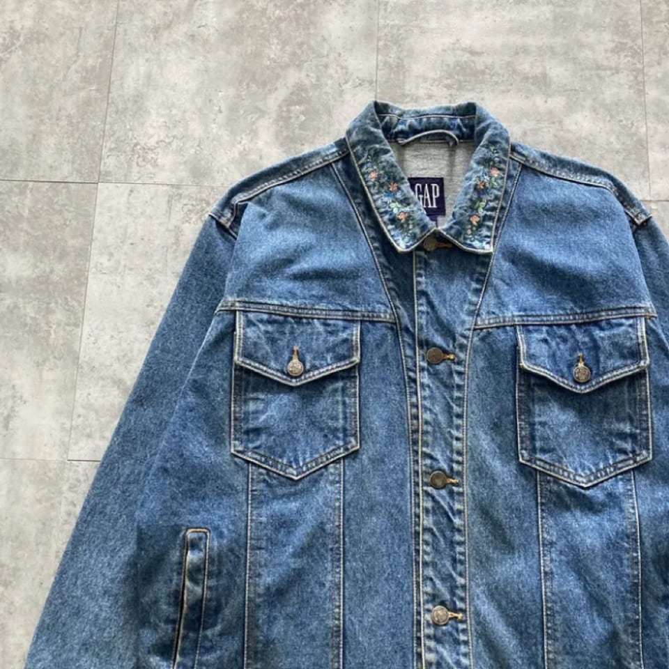 Size.M】90's OLD GAP オールドギャップ 襟刺繍デザイン ボタニカル