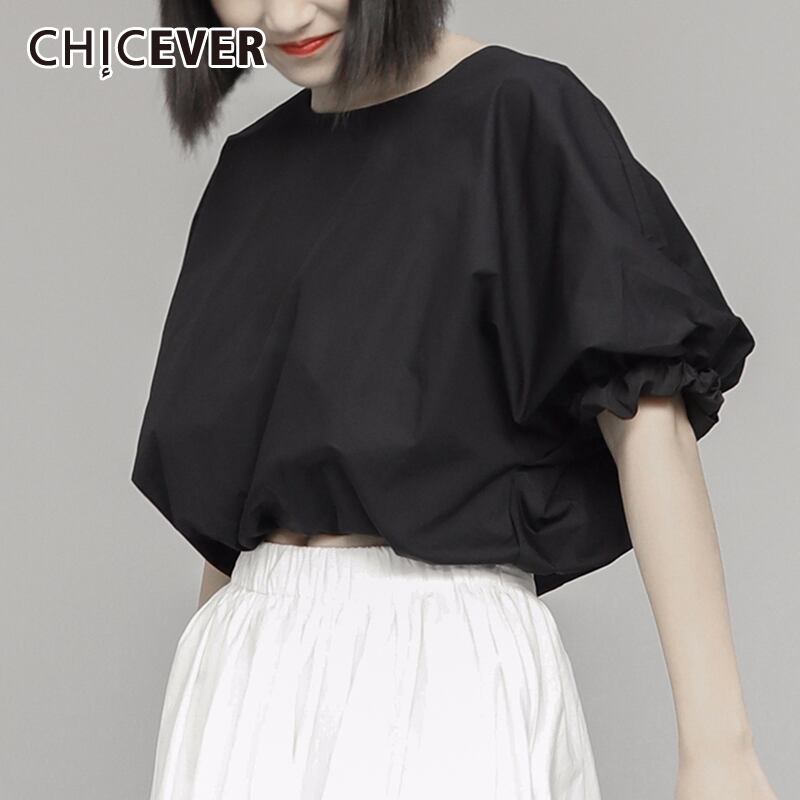 CHICEVERクロップブラウス女性Oネックランタン半袖ルーズフリーサイズシャツ2020服 ショート ハーフスリーブ 6base592972476675