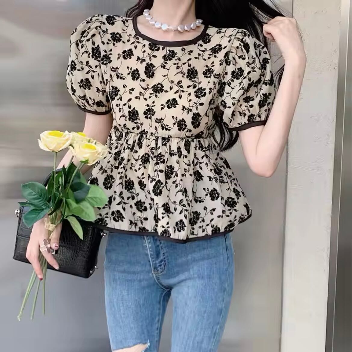 バッグリボンヴィンテージフラワーブラウス