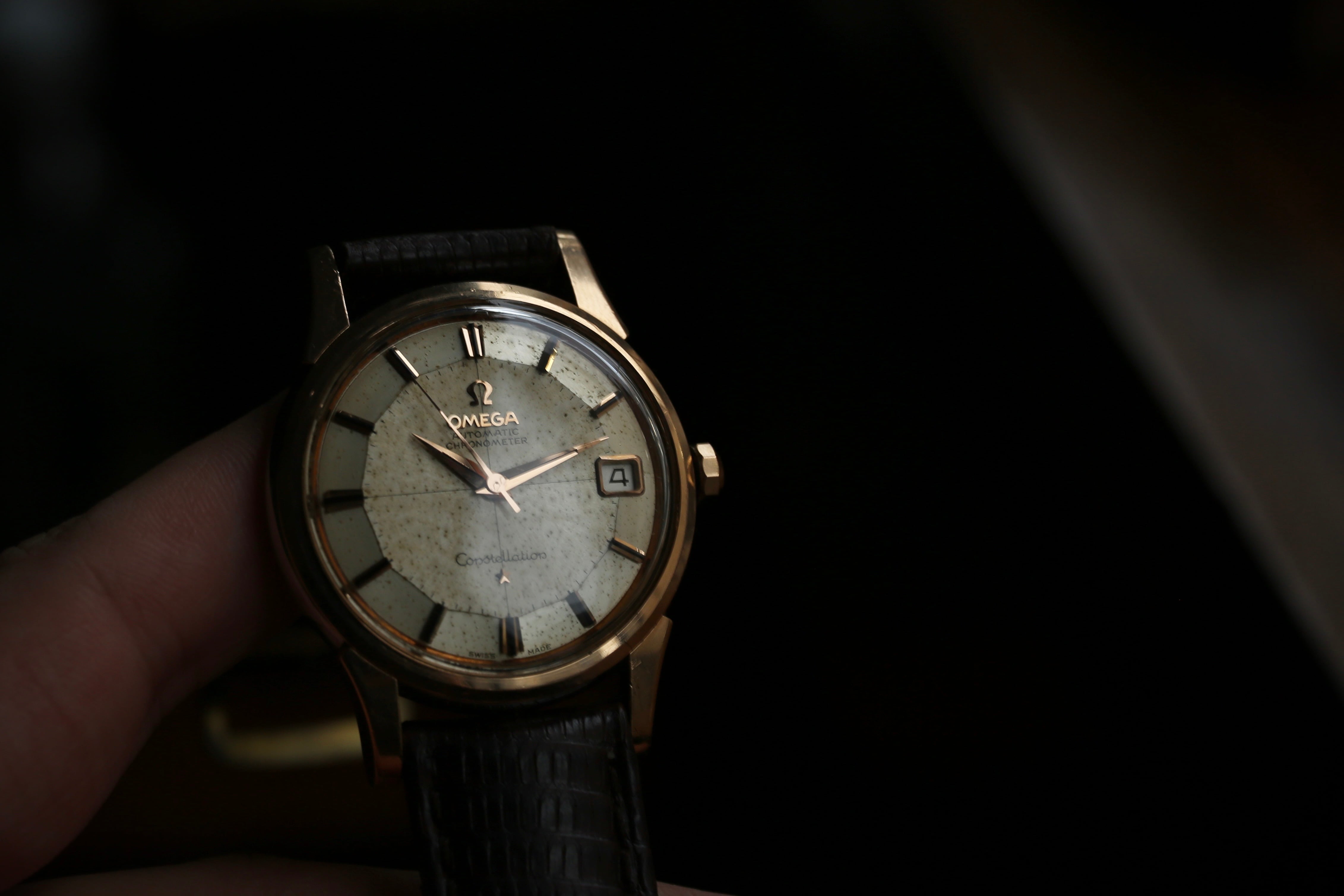 【OMEGA】 1961年製 オメガ 『コンステレーション デイト』 12角 クロスライン ブラウン・エイジング ブラックオニキス ピンクゴールド張り 自動巻き PGF / Vintagewatch / constellation / Cal.561