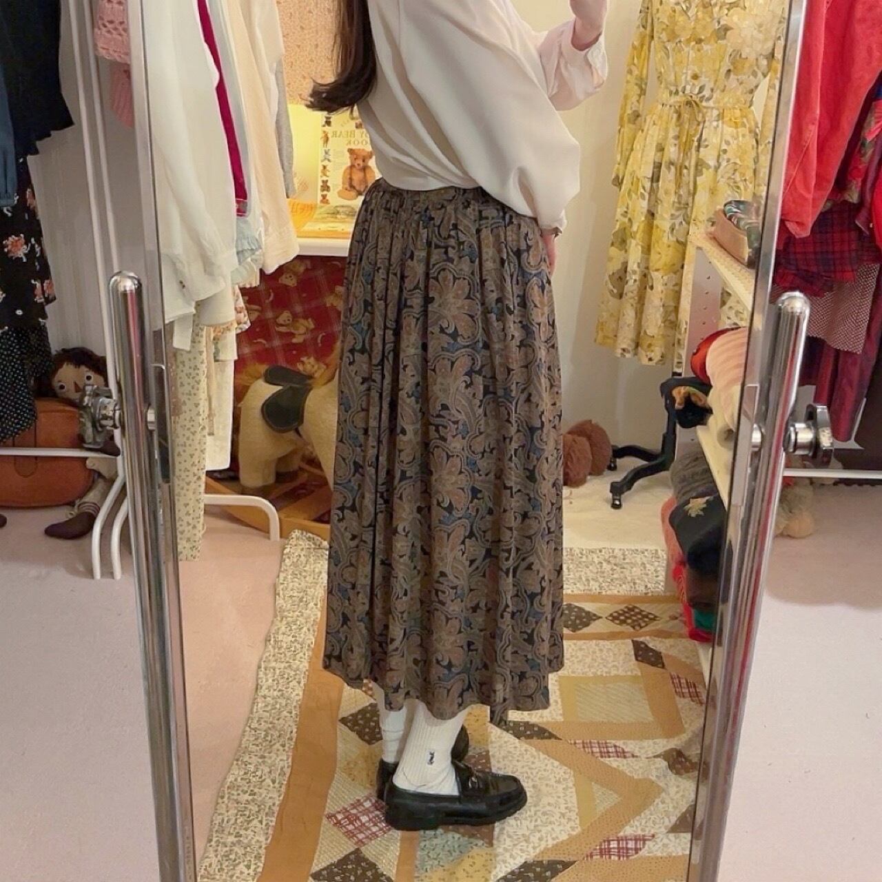 navy beige botanical flare skirt