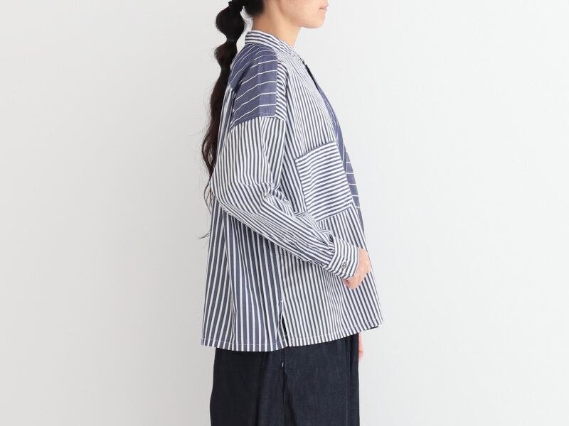プリット prit ブロードストライプパターンミックススタンドカラービッグシャツ(P80247)ネイビー【レターパックプラス可】