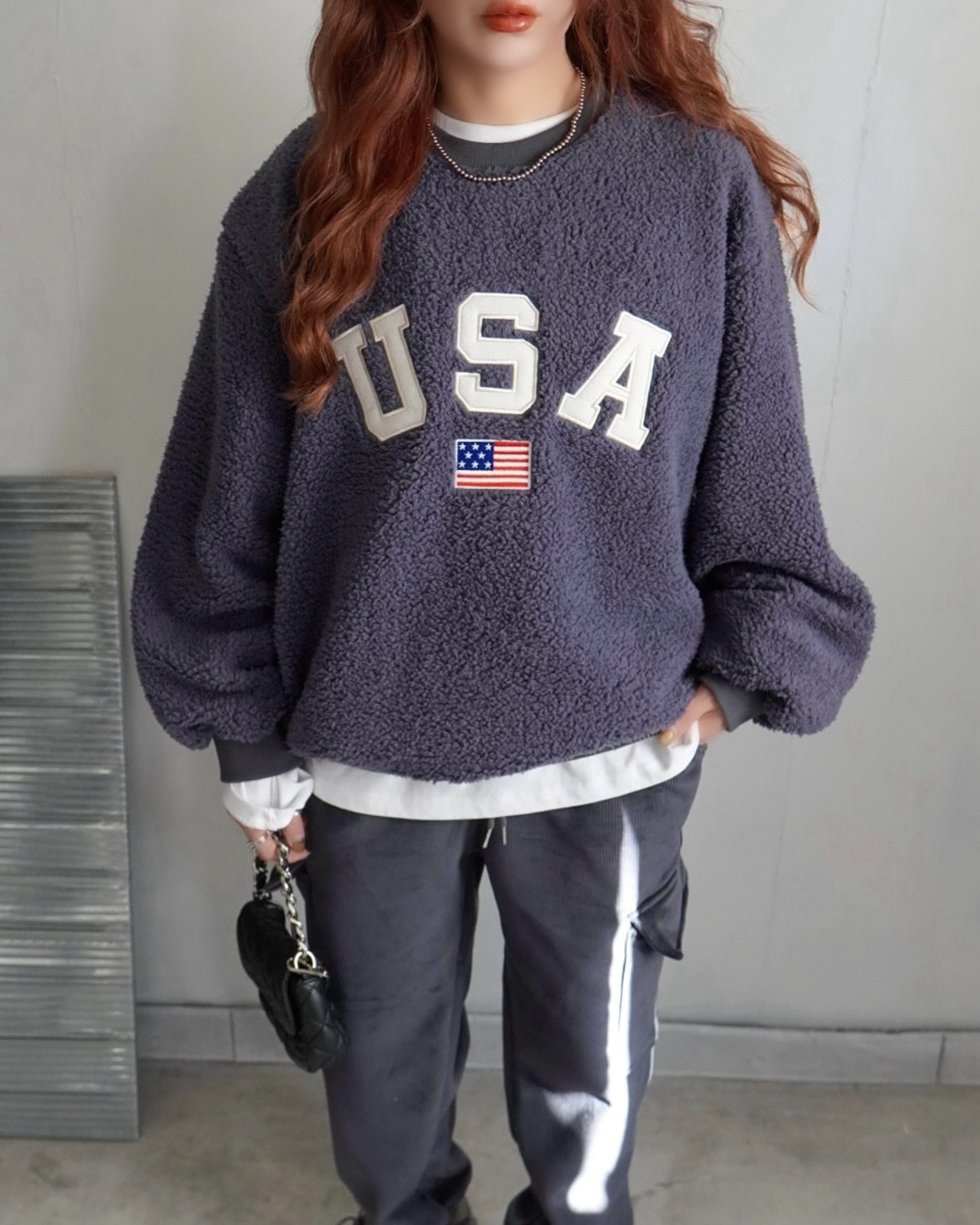 【USA】刺繍ボアプルオーバー【unisex】/グレー