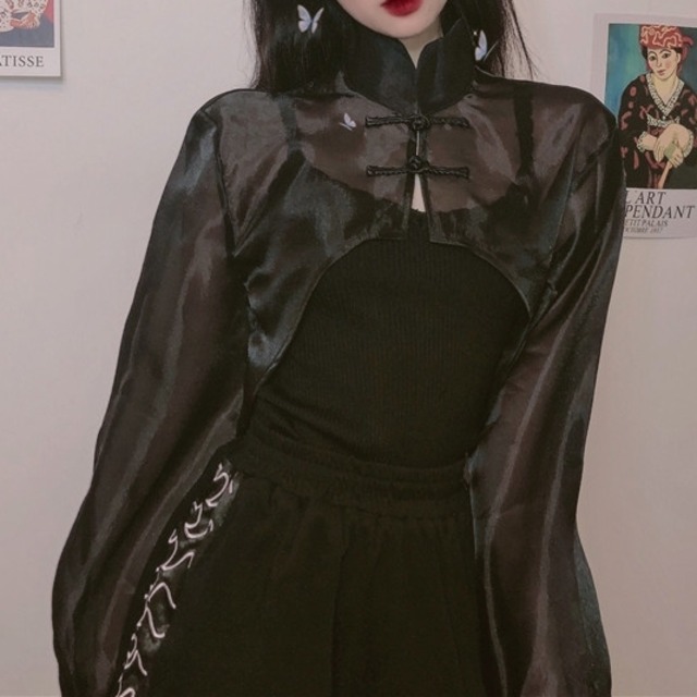 シアークロップドチャイナシャツブラウス / 2カラー