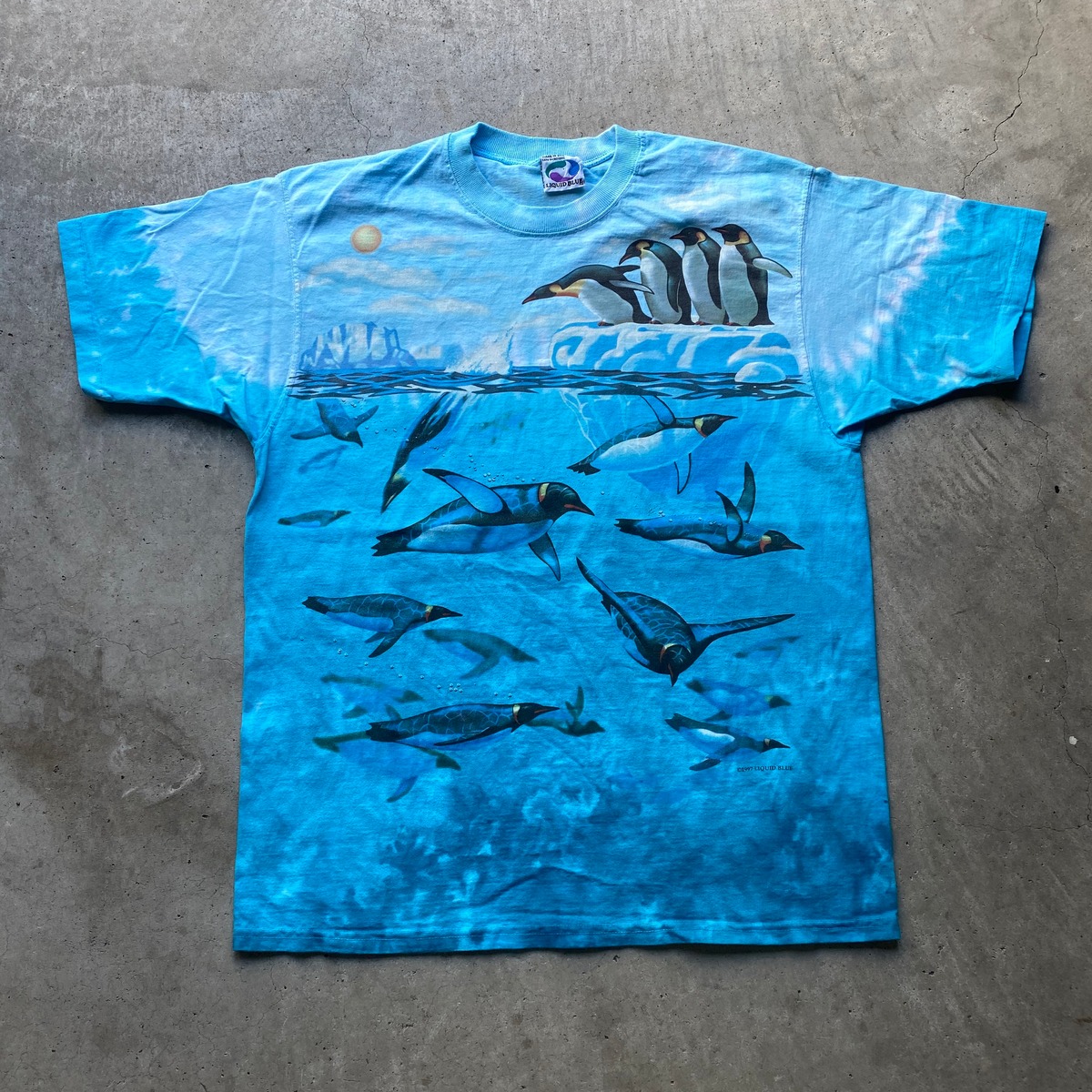 90年代 LIQUID BLUE アニマルプリントTシャツ ペンギン タイダイ 