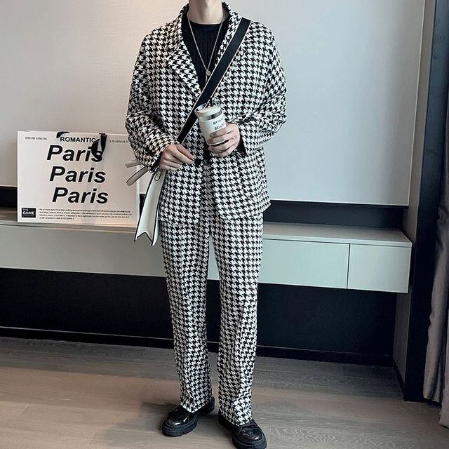 【予約販売】メンズ セットアップ スーツ 千鳥格子柄 シングル レトロ 総柄 シック モノトーン きれいめ 男前 ブラック フォーマル ジャケット パンツ セット パーティ 二次会 同窓会 結婚式 韓国 トレンド 大きいサイズ M/L/XL/2XL