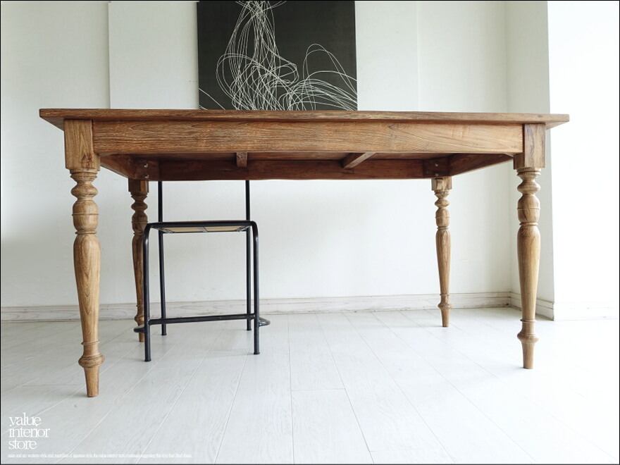 チーク無垢材 ヴィンテージテーブルAnqZ01 ダイニングテーブル 什器 一点物 再生家具 表面再仕上済 世界三大銘木 W150cm x D80cm