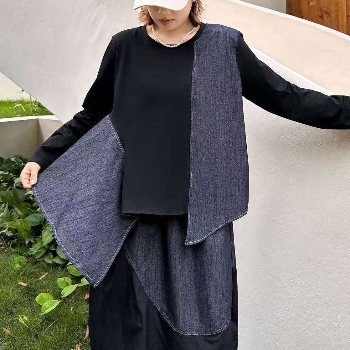ASYMMETRIC PANEL LONG SLEEVE ROUND NECK TOP M-18624