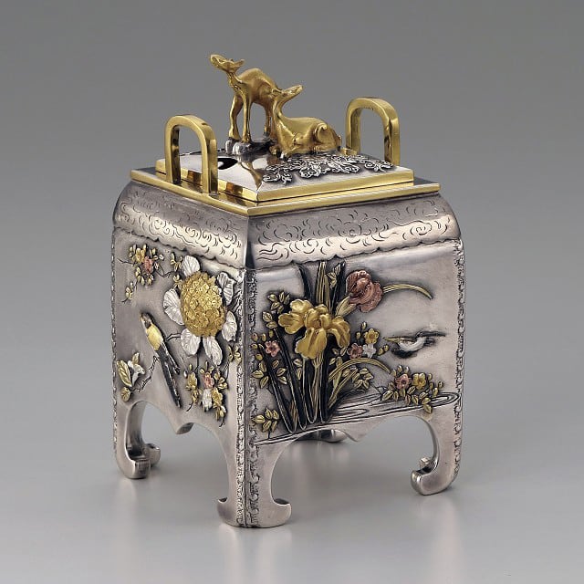 銀製 角型花鳥香炉 青鳳作