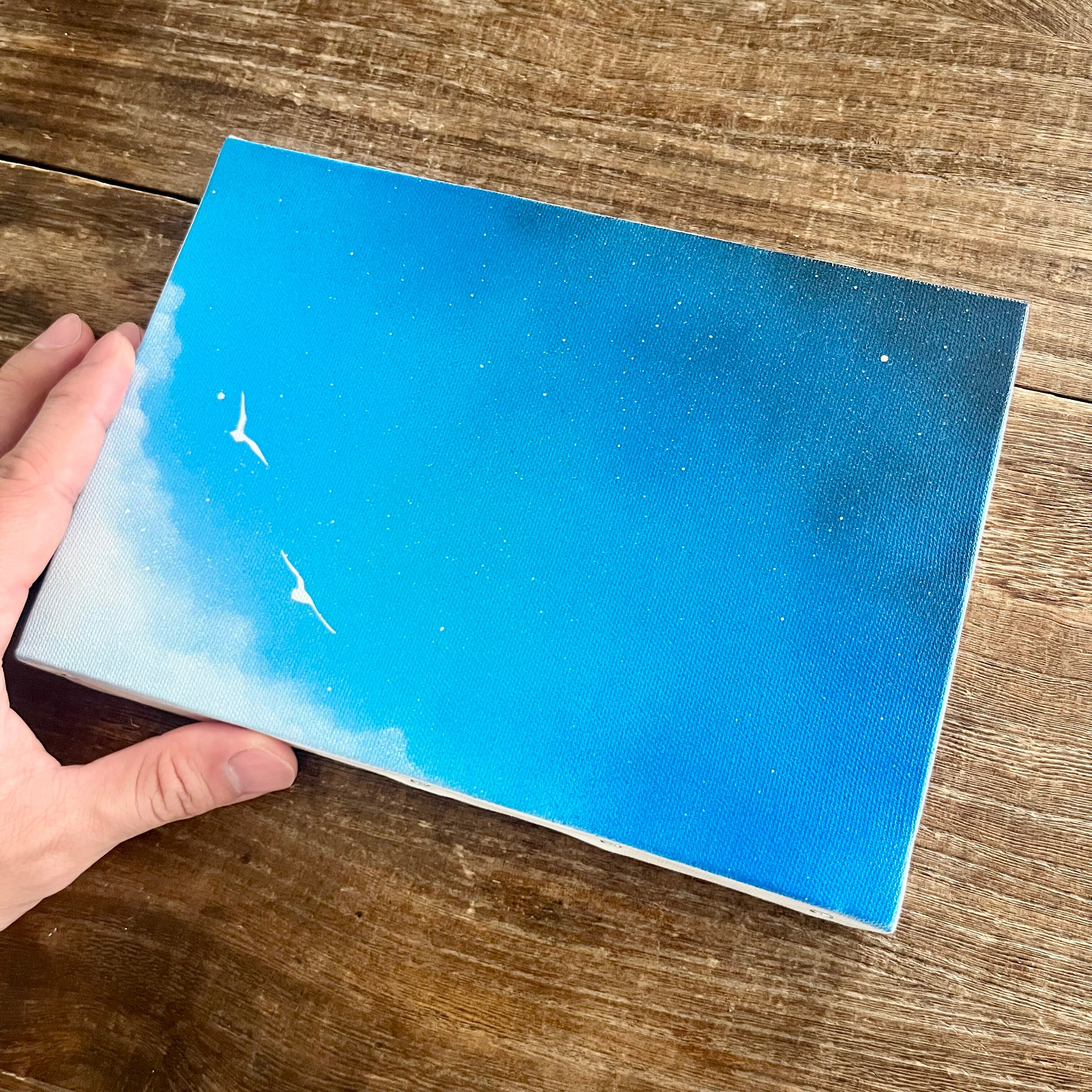 境界線の風景」原画 空×宇宙×鳥 青 白 絵画 キャンバス 風景画