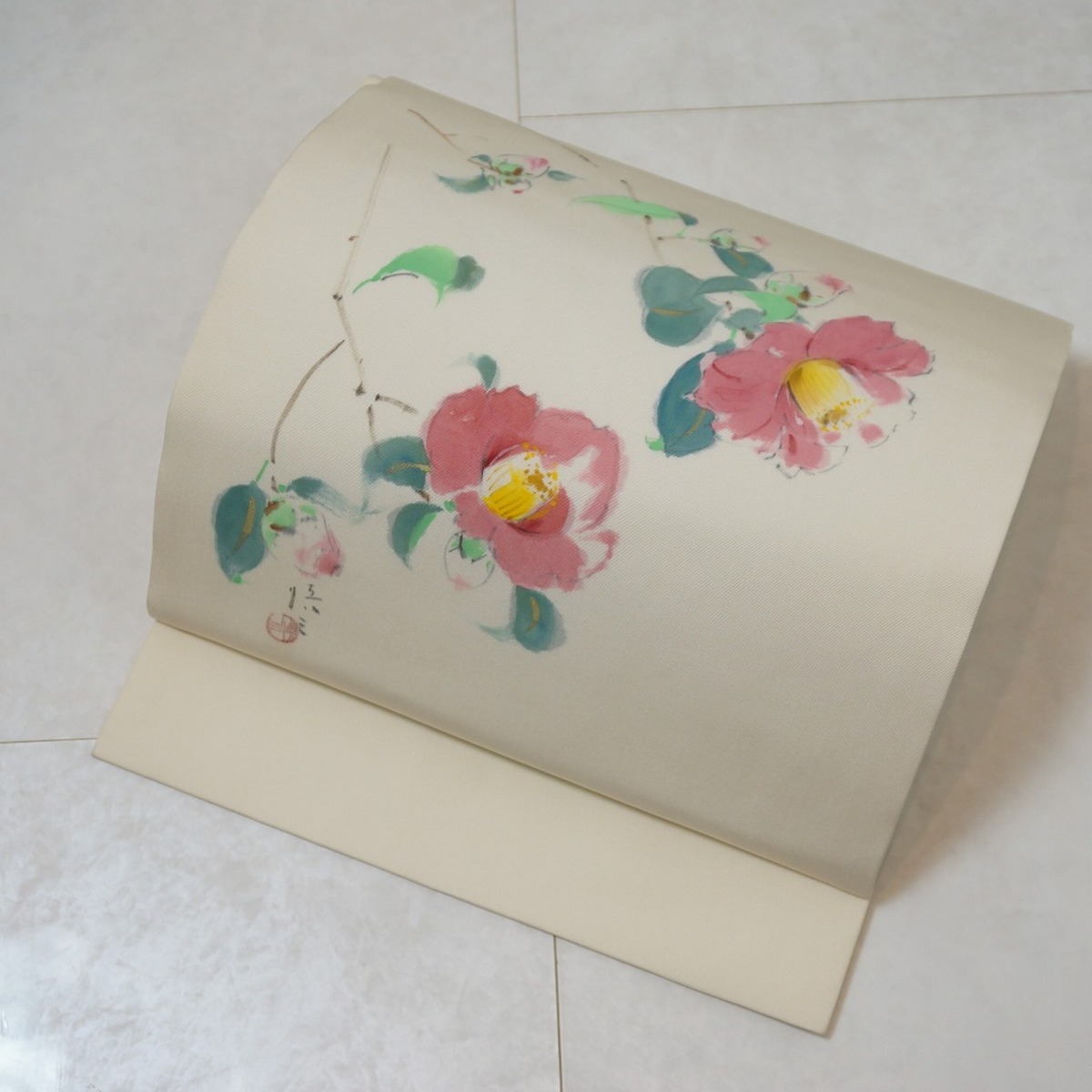名古屋帯 作家物 芳しく 塩瀬 友禅 流水に花模様 灰白色 O-4381 