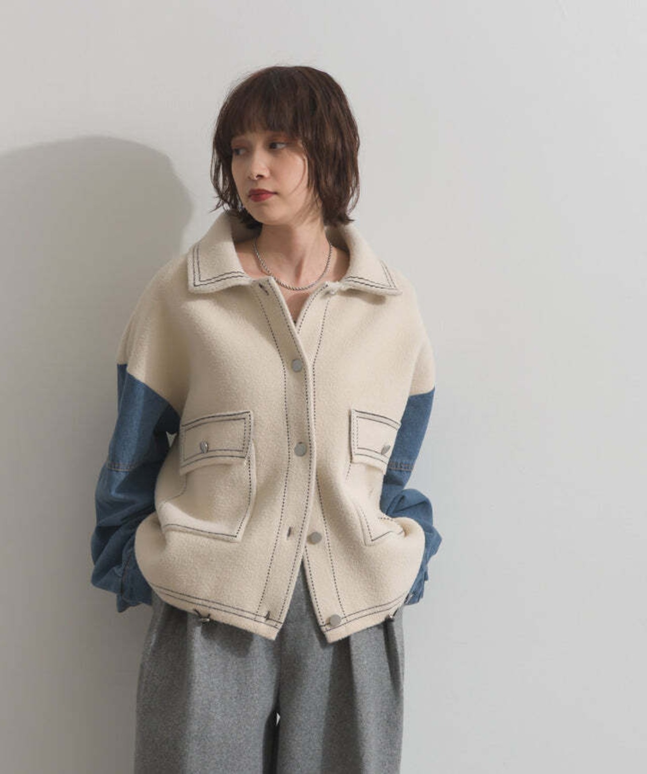 HD2510025 配色ステッチニットジャケットカーディガン ivory