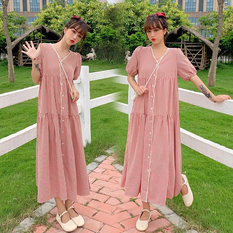 【新作】【送料無料】 マタニティウェア2020夏の新しいファッションコットンとリネンのチェック柄Vネックドレス、トレンディなマザーミドル丈で年齢を減らすマタニティドレス-アリババ サマー 夏物 expec277990129627