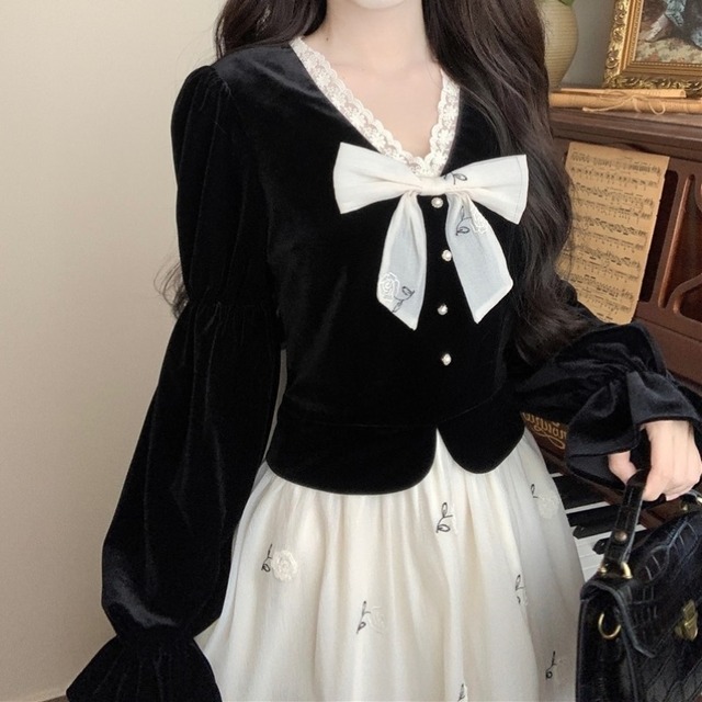 ワンピース ロング丈 マキシ丈 ロングワンピ 大きいサイズ フリル 長袖 リボン 花柄  ワンピドレス  フェイクツーピース コスプレ 大人可愛い おしゃれ 秋 冬 レディース お出かけ 休日 イベント 旅行 韓国系 スタイル 送料無料 M L XL 2XL 3XL 4XL ブラック