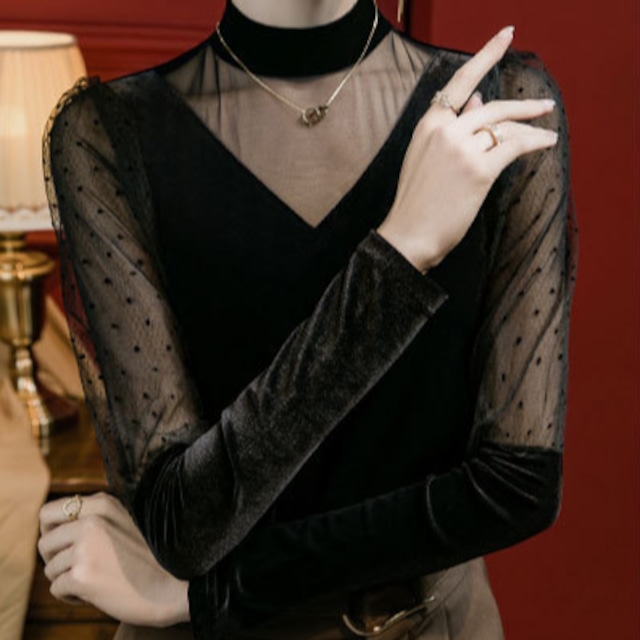 スタンドカラー パフスリーブ シースルーカット ダンストップス ds1448