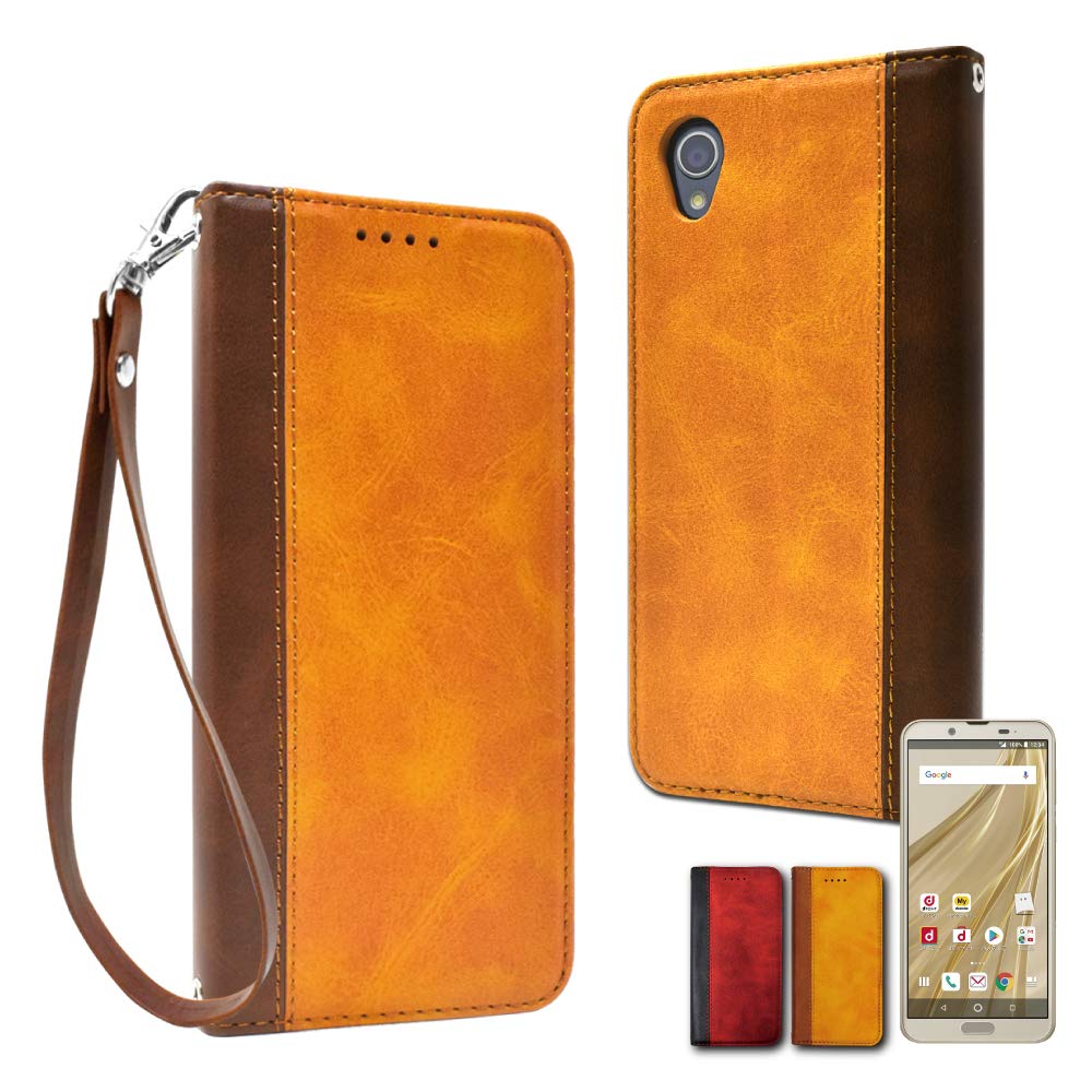 シズカウィル AQUOS sense2 用 手帳型 ケース 本革調 Yellow Brown × Brown 1個入り