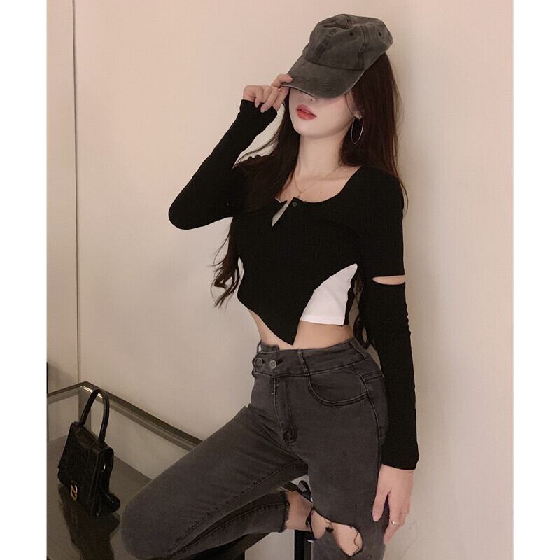 オータムショートクロップドトップス ロング シャツ 秋物 Tシャツ ガールズファッション80398090418