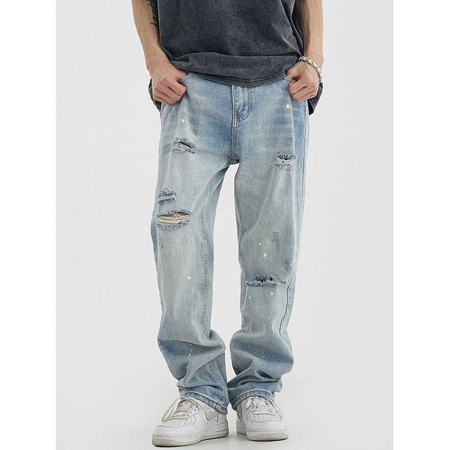 【DRIP0298】D/B Washed Torn Loose Straight Denim
