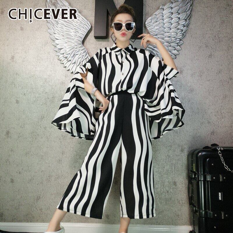 CHICEVERポルカドットツーピースセットレディースラペルカラーランタンハーフスリーブヒットカラートップルーズワイドレッグパンツ2020 半袖 ワイドパンツ 6base55750066371