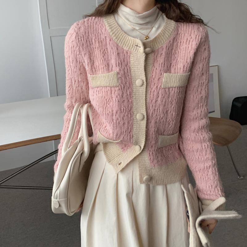 ラウンドネックカーディガンジャケット スタンダードオータムニット長袖スリーブトップス ロング レトロ 秋物 Oネック ビッグFスモールZ韓国82356800686