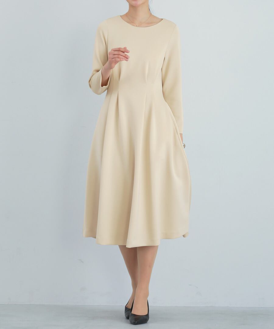 洗える・ストレッチ 】 スムースダンボール・タックフレアワンピース