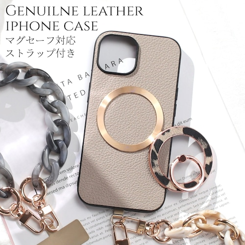 iphone ケース レザー リング付き iphone17 iphone16 iphone15 iphone14 MagSafe ショート ストラップ 本革 アイフォン 17 16 15 14 13 13mini magsafe対応 ゴートレザー マグセーフ 17e 16pro 15pro リング ヒョウ柄 レオパード スリム ストラップ付き スタンド 送料無料