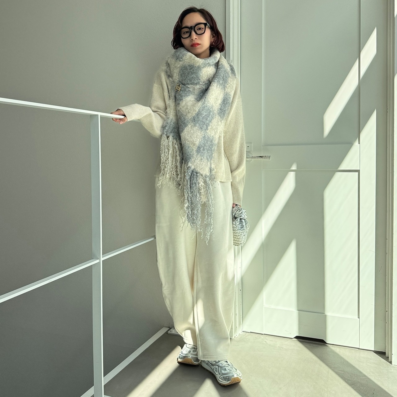 ブロックチェックストールマフラー/ホワイト×グレー