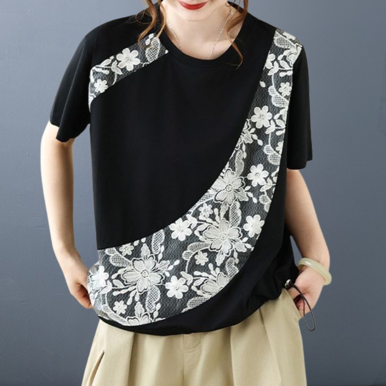 フラワーレース 切替 Tシャツ  30266