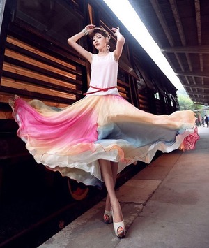 ★フリー☆綺麗なシフォンロングスカ−ト・オレンジ×黄(SKN0119)