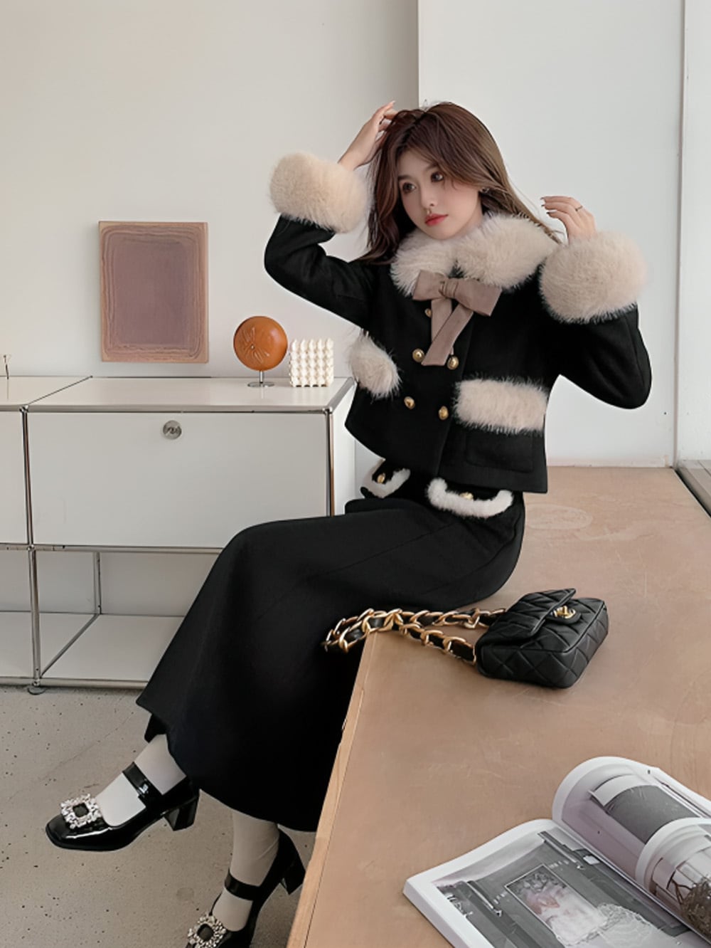 クラシカルファーデザインブラックセットアップ | 韓国/ワンホン