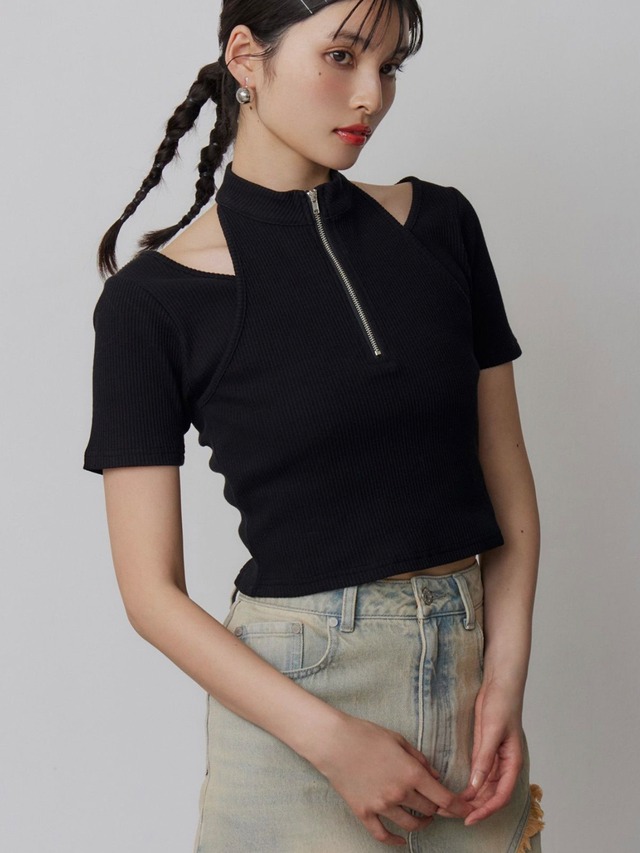 Halter Half-zip Ribbed Top / BLACK