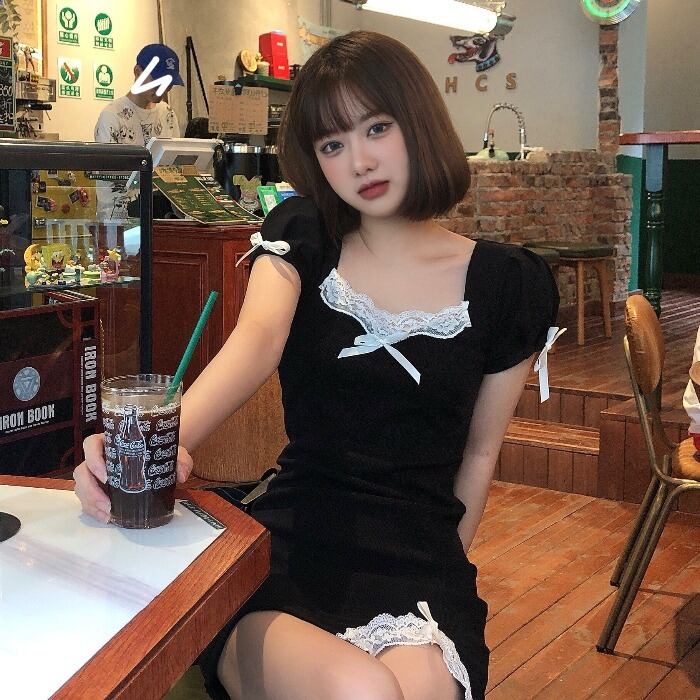 ブラックドレス スカート サマーショートスタンダード薄手Aライン レトロ 大人ガーリー スウィート キュート カジュアル 夏物 モンロー95813765296