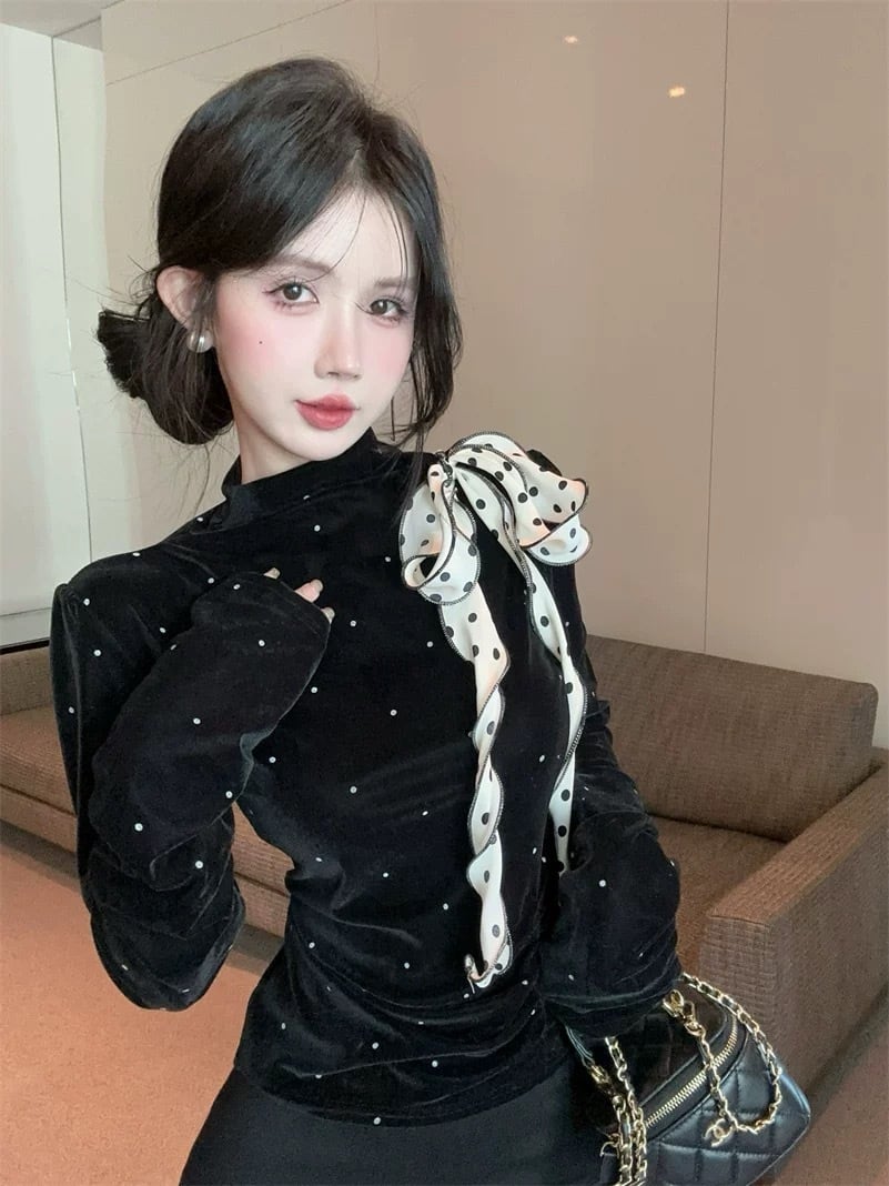 romierose 2025新作 ドットベロアリボントップス あざとい コア系