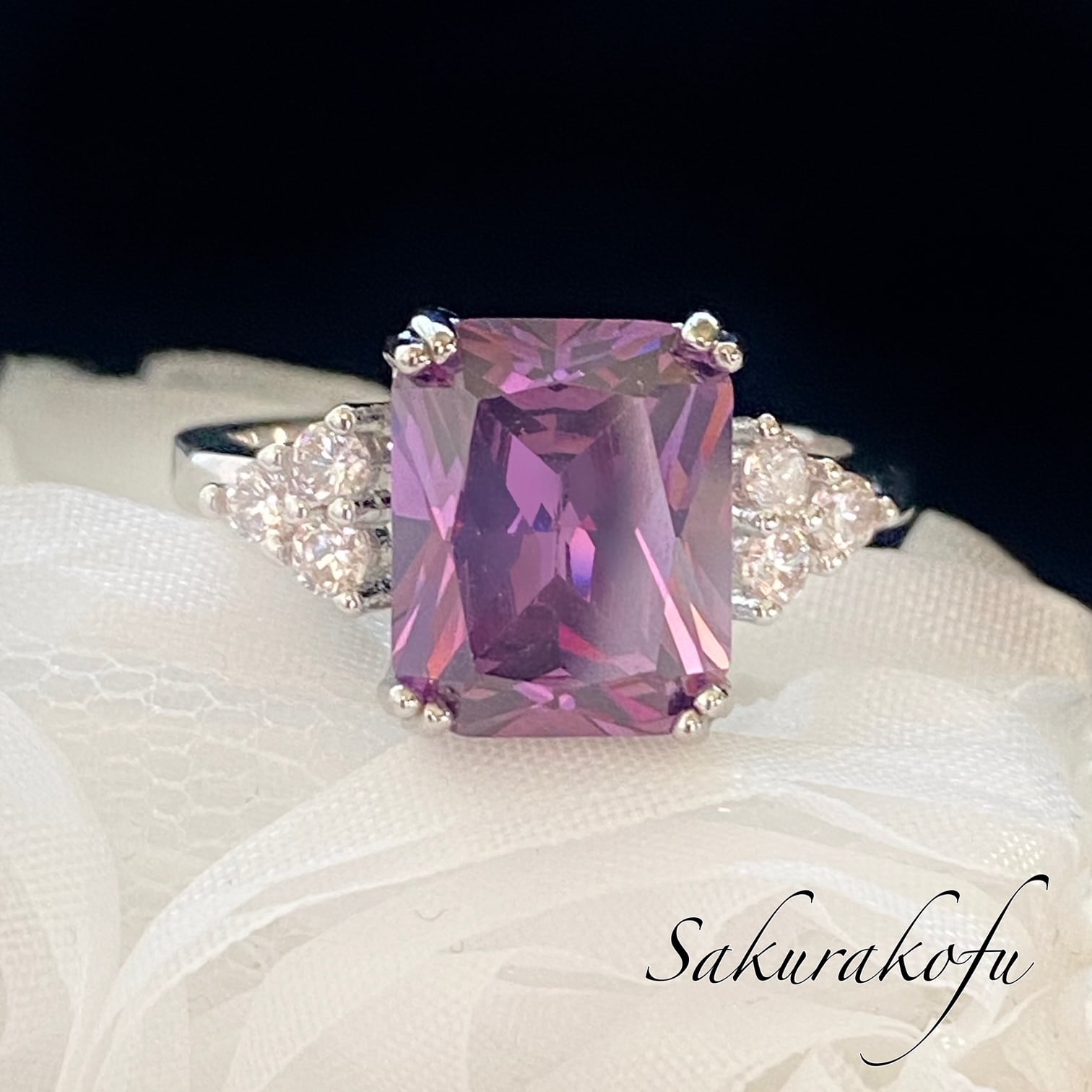 D087 シンプル スクエア アメジスト キュービックジルコニア シルバーリング レディース 指輪