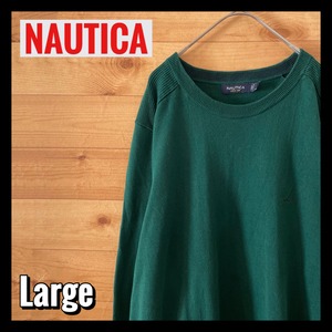 【NAUTICA】グッドカラー 深緑 無地 ニット セーター L アメリカ古着